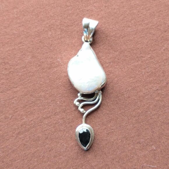 Handmade Jewelry - Handmade White, Black, and Silver Pendant for Necklace - Includes Drawstring Bag